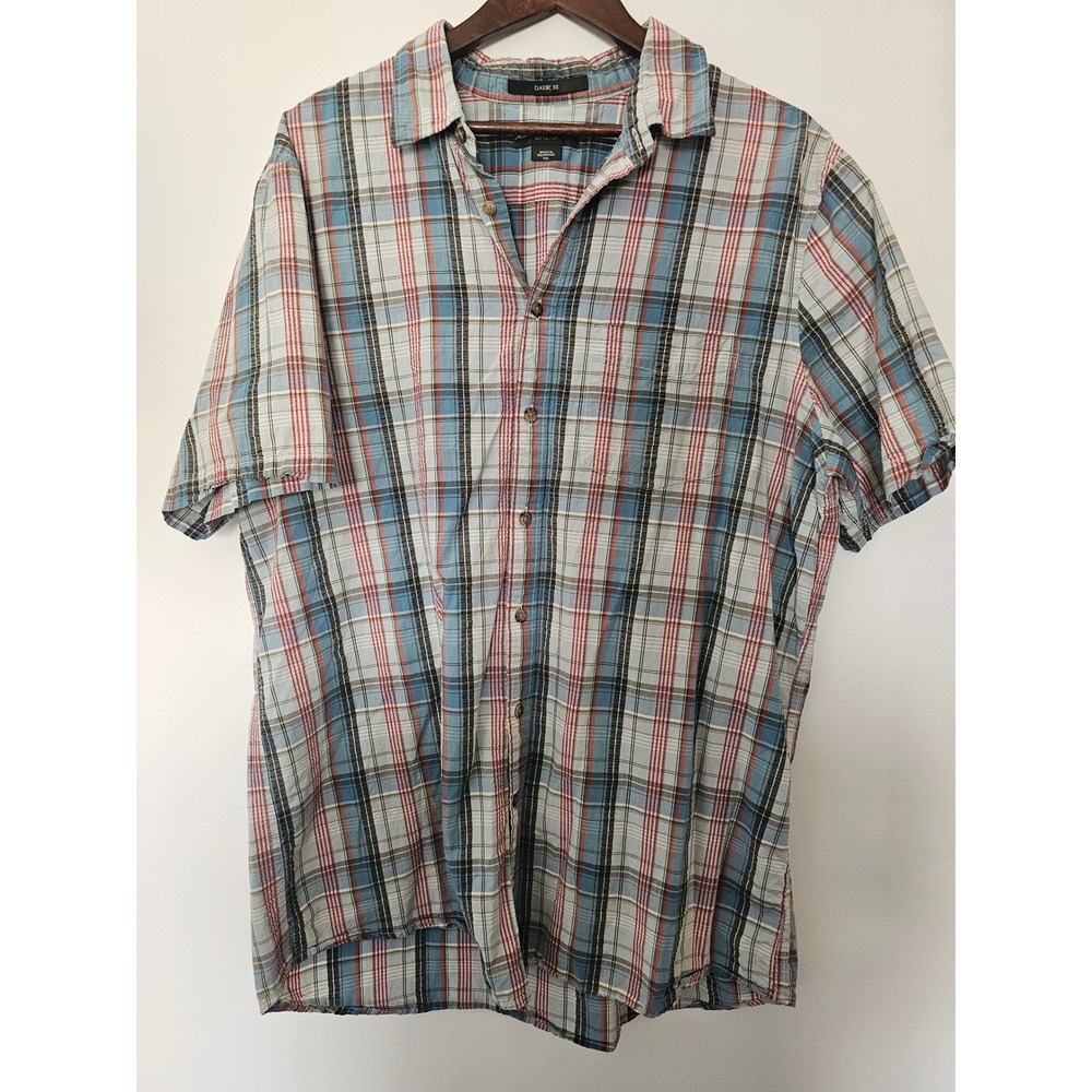 [Gorpcore] Eddie Bauer Plaid Button Down Mens 1XL Blue Short Sleeve Classic Fit